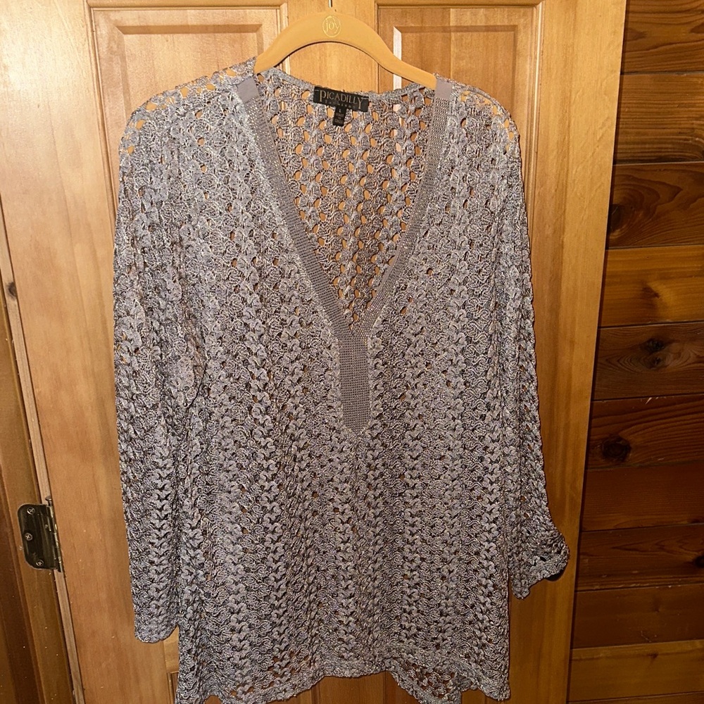 Picadilly Fashion Light Gray Open-Knit V-Neck Tunic